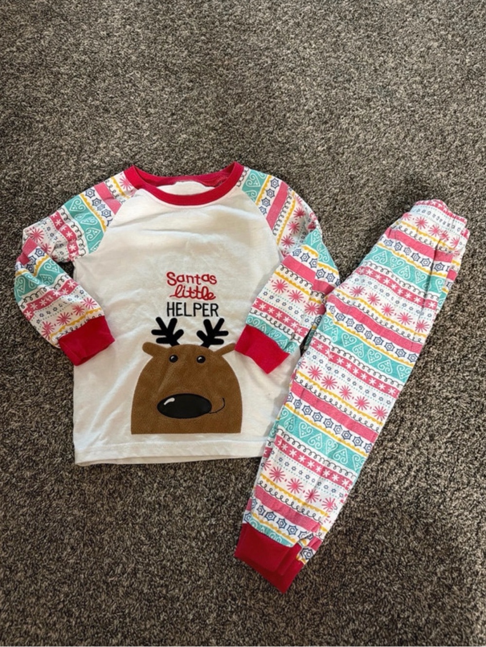 Santa's Little Helper Reindeer Kids Pajama Set - White & Multicolor